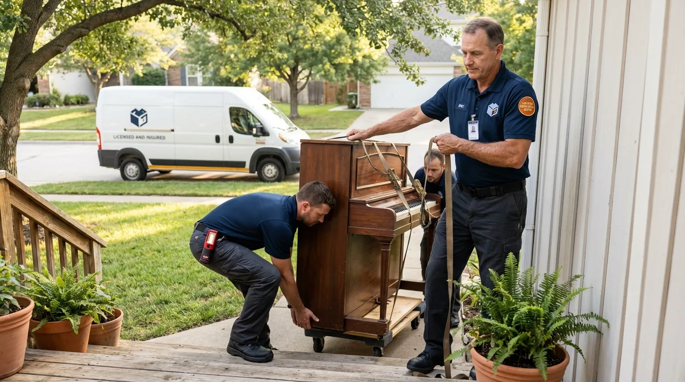 Licensed piano movers securing grand piano in South Orange, NJ