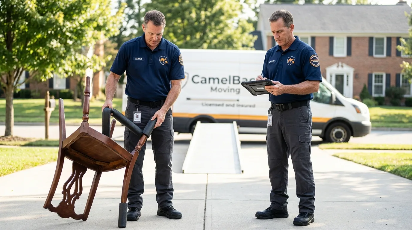 Movers inspecting furniture for damage prevention before loading in South Orange, NJ