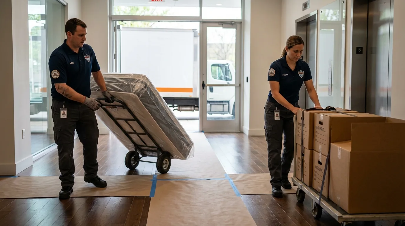 Professional apartment movers loading elevator in South Orange, NJ
