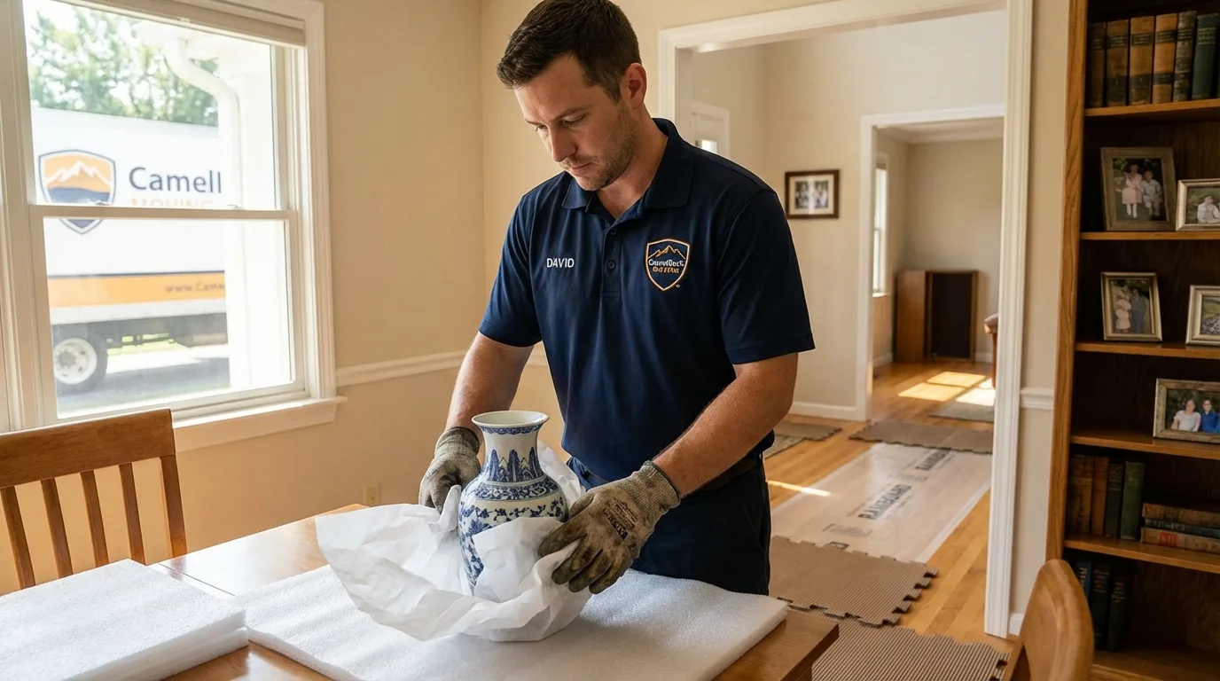 Professional crew carefully wrapping antique vase for senior downsizing move in South Orange, NJ